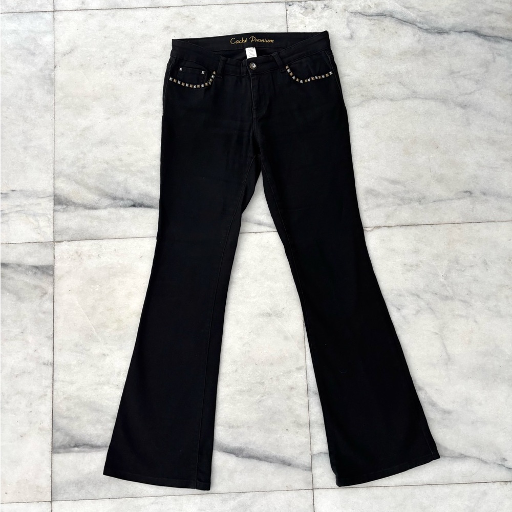 Y2K VTG Cache Jeans Black Studded Low Rise Flare Leg Womens 6 Boho Cowgirl Retro